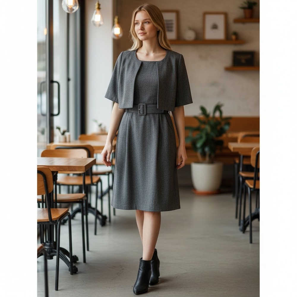 Calvin Klein Dress Suit Set Women 12P Grey Herringbone Belted Bolero Jacket